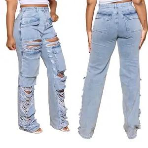 2023 Mùa Thu Phong Cách Co Giãn USA Kích Thước S-3XL Ripped Jeans Phụ Nữ Hollow Ra Denim Phụ Nữ Của Jeans