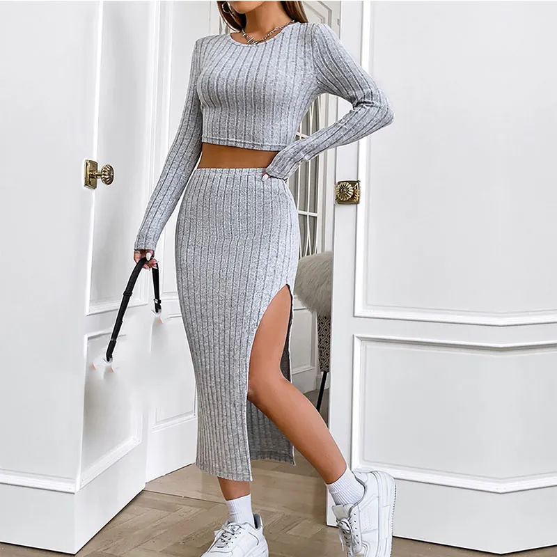 2023 wanita seksi atasan rajut Sweater atasan dan rajutan celah gaun panjang antik pinggang tinggi dua potong Set sweter crop pakaian wanita