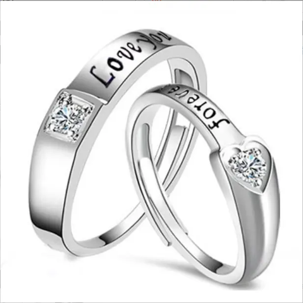 En gros 925 Argent Réglable 2PCS Couple Anneau Ouvert Diamant Couronne Mariage De Fiançailles Zircon Anneau