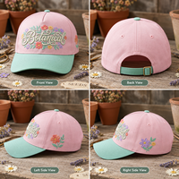 Casquette de baseball 5 panneaux pour femme, motif floral 3D brodé, design botanique avec lettres, blocs de couleurs pastel, pour le jardin, le quotidien et les activités de plein air