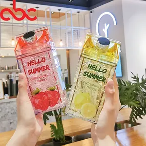 Creative Leak Proof Juice Bottle Reusable Square Shaped 400ml Plastic Water Bottle Summer Double Wall Cold Drink Cup With Lid