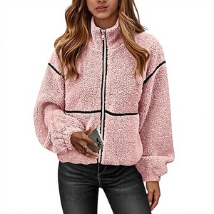 Chaqueta de Forro Polar Rosa con Cierre, Cuello Alto, Manga Larga, Abrigo Cálido de Invierno para Mujer, Color Sólido con Ribete en Contraste - Product Image 1