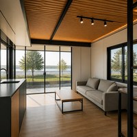 Maison mobile à ossature en acier avec plan de plain-pied, balcon sur le toit et portes coulissantes en verre