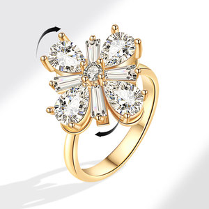 Anillo giratorio antiestrés con diseño floral, ajustable, con circonita de corte pera geométrico, chapado en oro sobre cobre, joyería para mujer - Product Image 1