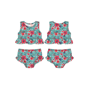 Costume da bagno Casual a due pezzi per bambine e bambine costume da bagno a righe senza maniche con foglie di <span class=keywords><strong>palma</strong></span> Bikini da spiaggia - Product Image 1