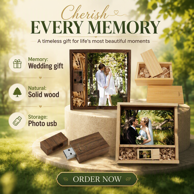 Walnut Wooden Photo Album Box USB 2.0 Flash Drive Pendrive Custom Engraved Logo Wedding Gifts Packaging 5-Year Warranty OEM/ODM