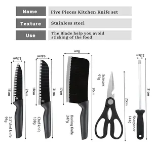 Pisau dapur Set 5 buah pisau baja tahan karat hitam rumah tangga profesional pisau lapisan tidak lengket bergelombang