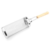 Panier de barbecue roulant en acier inoxydable avec poignée en bois de caoutchouc pour grillades en extérieur