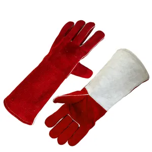 Wholesale cow leather long cuff protective BBQ welding safety gloves for men women