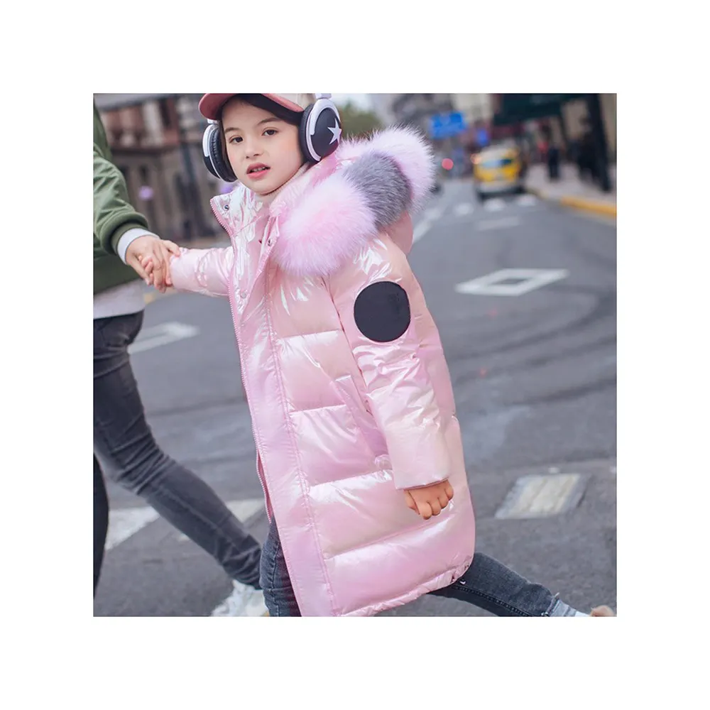 FREE SAMPLE Winter Warm Girls Jacket Kids Bright Surface Waterproof Fashion Colorful Fur Collar Hooded Thick Coat