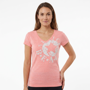 T-shirt décontracté pour femme à col en V, imprimé délavé, écologique, rose mélangé, avec logo, manches courtes, 100 % coton, printemps-été - Product Image 1