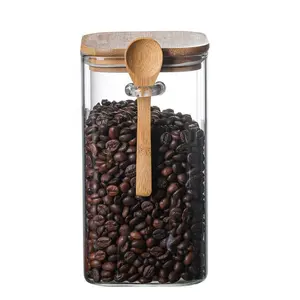 Thủy tinh lưu trữ Jar với nắp gỗ và muỗng kín kín rõ ràng Borosilicate Glass Canister nhà bếp thực phẩm lưu trữ container
