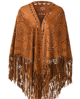 Nouveau en 2024 couleur unie évider Floral daim gland Triangle châle femmes Vintage bohème plage Cardigan Boho frange Ponchos
