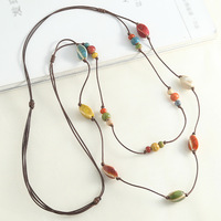 Collier en céramique vintage, long, coloré, à double rangée de perles en porcelaine empilées, chaîne de pull, pendentif bohème vintage, bijoux