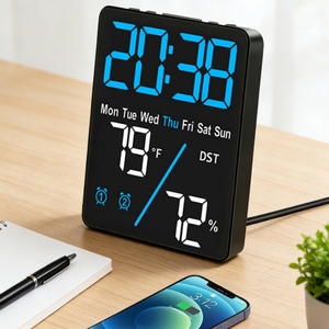 Horloge murale numérique à écran LED avec rétroéclairage, calendrier, humidité, alarme nocturne, écran RGB, grand affichage, multicolore, pour bureau, montage mural - Product Image 1