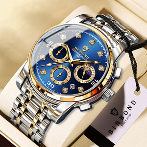 Montre de luxe BINBOND Six Hands pour homme, montre à quartz, bracelet en acier inoxydable, cadran à aiguilles lumineuses, 42 mm, résistante à l'eau 30 m - Product Image 1