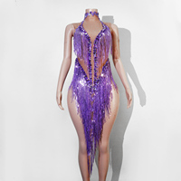 Justaucorps Disco Diva violet électrique à franges de strass pour spectacle de Samba, performance scénique, costume de star pop, Drag Queen, Showgirl