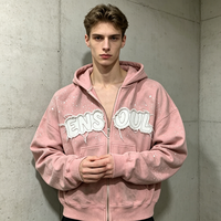 ODM/OEM Sweat à capuche et sweat-shirt zippés courts surdimensionnés style streetwear, effet vieilli vintage, avec patchs lettres personnalisés et strass