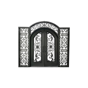 Porta d'Ingresso Doppia <span class=keywords><strong>in</strong></span> Ferro Battuto con Design a Vaso di Fiori e Viti, con Luci Laterali e Traversa, Finitura Effetto Legno - Product Image 1