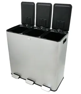 3*30 Liter 90L Metal Stainless Steel Rubbish Waste Bin In 3 Compartments Recycle Recycling Trash Garbage Can Waste Bucket