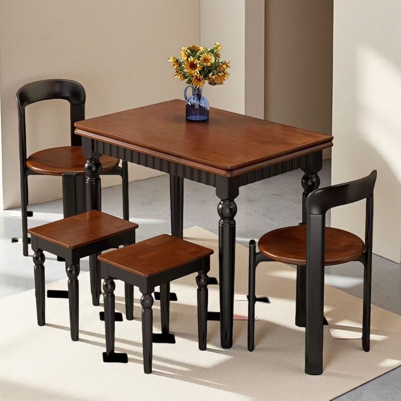 [1 table, 2 chaises Kate, 2 tabourets] Couleur noyer