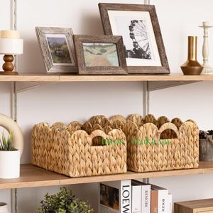 Handmade Water Hyacinth <b>Wicker</b> <b>Basket</b> with Scallop Edge Rectangular Decorative Storage <b>Basket</b> with Built-In <b>Handles</b> Organizing - Product Image 4