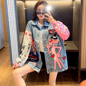 เสื้อกันลมฮิปปี้ปักลายสำหรับผู้หญิง,เสื้อโค้ทพิมพ์ลายน่ารักสำหรับผู้หญิงเสื้อแจ็คเก็ตยีนส์พิมพ์ลายสำหรับใส่ทำงานมัธยมลายการ์ตูน - Product Image 1