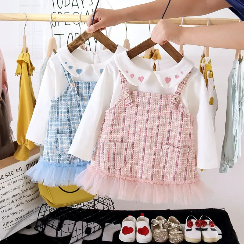 Herfst Baby Baby Meisjes Kleding Sets Lange Mouwen T Shirts Tops Plaid Rechte Jurk Set Valentijnsdag Kleding