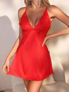 Sfy-y5122 Satin Nightdress Sexy Contrast Lace Embroidery <b>Babydoll</b> Dress Deep V Seduction Slit Chemise Dress Women's Home <b>Nightie</b> - Product Image 4