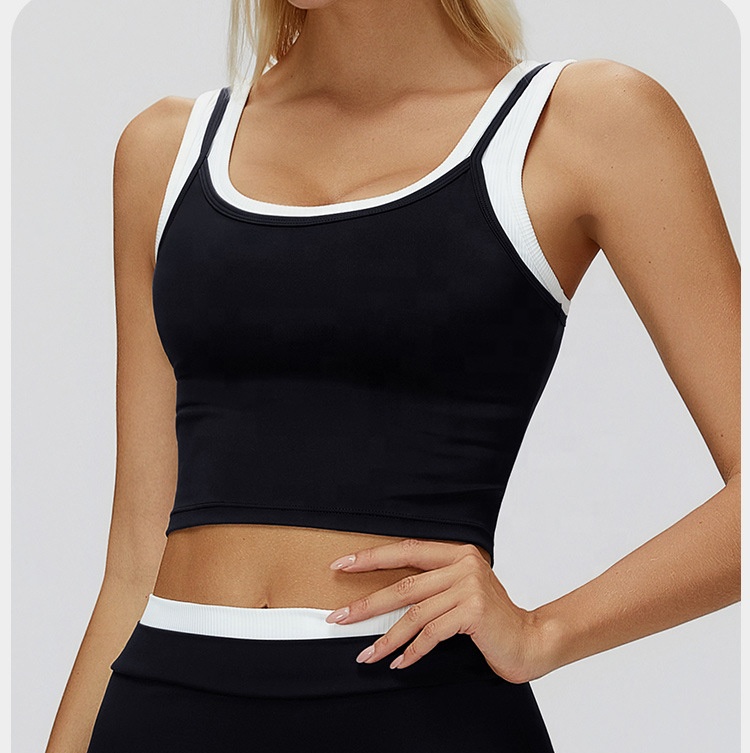 Women's Color Blocking Double Layer Sports Tank Top Padded Spandex Casual Slim Fit Sleeveless Workout Top Gym Yoga Running Tops