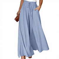 Pantalon long décontracté taille haute pour femme, coupe droite ample, jambe large, respirant, taille élastique, fermeture boutonnée, couleur unie, été