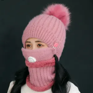 2021 Women Girls Knit Beanie Scarf Set Soft Warm Fleece Lined Fur Pom Poms Winter Ski Hat with face mask