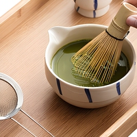 Grand bol à matcha en céramique de style japonais et brosse à matcha, ensemble de thé mignon à rayures, outil à matcha, service à thé