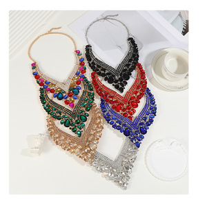 Nouveaux ensembles de bijoux de mariée, design tendance, entièrement sertis de strass, collier et boucles d'oreilles en pierres bleues champagne pour femmes, pour <span class=keywords><strong>mariage</strong></span>, banquet, fête - Product Image 5