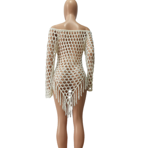 STOCK 5 couleurs hors épaule évider robe à la main Crochet plage couvrir franges voir à travers Caftan - Product Image 5