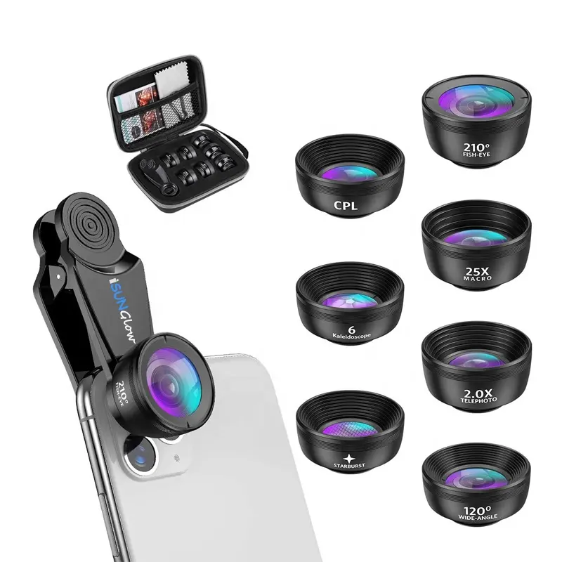 नए उन्नत ऑप्टिकल कैमरा लेंस 7 में 1 मोबाइल फोन लेंस किट के लिए iPhone के लिए स्मार्टफोन स्वफ़ोटो चौड़े कोण Closeup मैक्रो लेंस