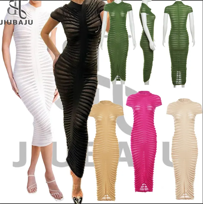 2023 New Design Short Sleeve Long Dress Women Lady Elegant Knitted Sexy Bodycon Women Fashion Casual Dress