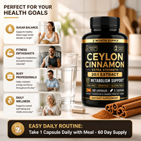 Capsules d'extrait de cannelle de Ceylan véritable, faible teneur en coumarine, antioxydant, 60 capsules, extrait pur de l'écorce, usine OEM