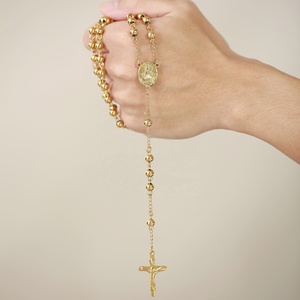 Collar De Rosario chapado en oro con cuentas de Cruz de Jesús católico religioso de cadena larga de acero inoxidable para hombres <span class=keywords><strong>y</strong></span> mujeres - Product Image 2