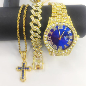 Vụ Nổ Người Đàn Ông Của Màu Xanh Zircon Chéo Hip Hop Cuba Vòng Đeo Tay Mạ Vàng Hợp Kim Kẽm Chuỗi Đồng Hồ Thiết Lập Với Hộp Quà Tặng - Product Image 1