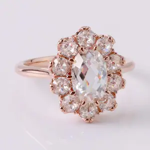 10k rose gold 6x9mm oval rose cut center moissanite halo moissanite engagement ring with 3mm double rose cut surround