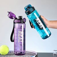 Botella de Camping Leejo New Time Marker Transparente de 1000 ml, Ecológica, de Plástico Tritan, con Tapa Abatible, Asa de Transporte y Fácil Consumo Directo