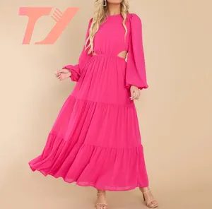 TUOYI Wholesale Fashion Custom Lady Chiffon Ruffle Maxi Dress Vestidos Women Elegant Autumn Casual Dresses