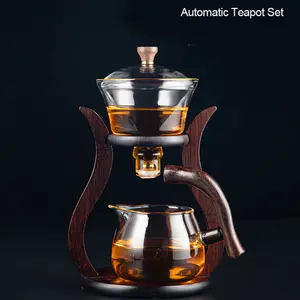 Heatrresistant conjunto de chá de vidro, tampa giratória magnética da diversão de água, tigela semiautomática, chá preguiçoso, kungfu, bule de gotejamento