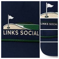 Gorra de golf de cuerda azul marino al por mayor con visera curva, insignia de Links, paquete para eventos de resort para compradores de hostelería con etiqueta personalizada
