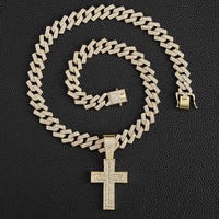 NOUVEAU Collier chaîne Miami glacée de 15 mm de largeur avec pendentif double croix en alliage hip-hop et strass