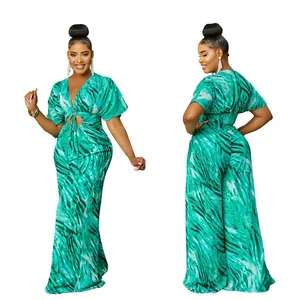 women stylish stretch green print color lounge wear casual short sleeve wide leg flare pants one piece romper jumpsuit for women