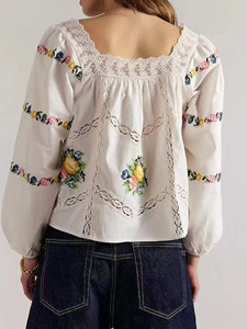 Blusa Juvenil de Mujer Estilo Pastoral Francés con Cuello Cuadrado, Bordado Intenso y Mangas Abullonadas Sueltas - Product Image 2