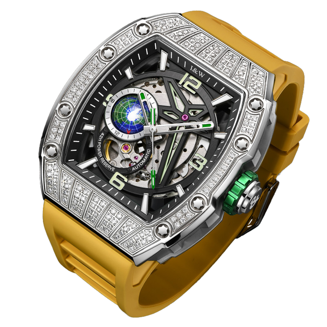 For Men's Luxury Mechanical Watch High Quality Square Stainless Steel Case Automatic Power Reserve Feature Dial Hollow Rubber