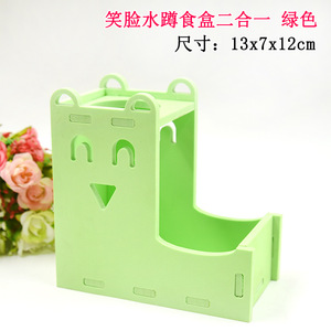 กล่องใส่น้ำและอาหารสัตว์เลี้ยง 2 ใน 1 เครื่องป้อนอัตโนมัติ PVC สำหรับหนูแฮมสเตอร์พร้อมดีไซน์หน้ายิ้มสีทึบทรงสี่เหลี่ยม - Product Image 5